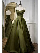 Elegant A-Line Strapless Pleated Satin Floor-Length Evening Gown.