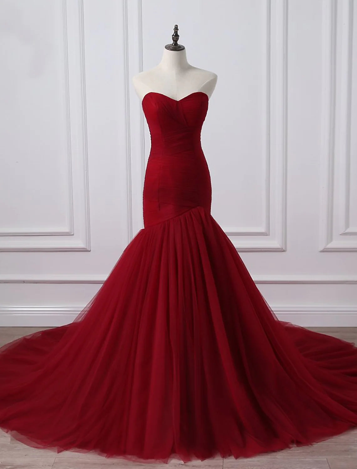 Elegant A-Line Strapless Ruched Tulle Plus Size Wedding Dress Chapel Train.