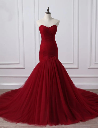 Elegant A-Line Strapless Ruched Tulle Plus Size Wedding Dress Chapel Train.