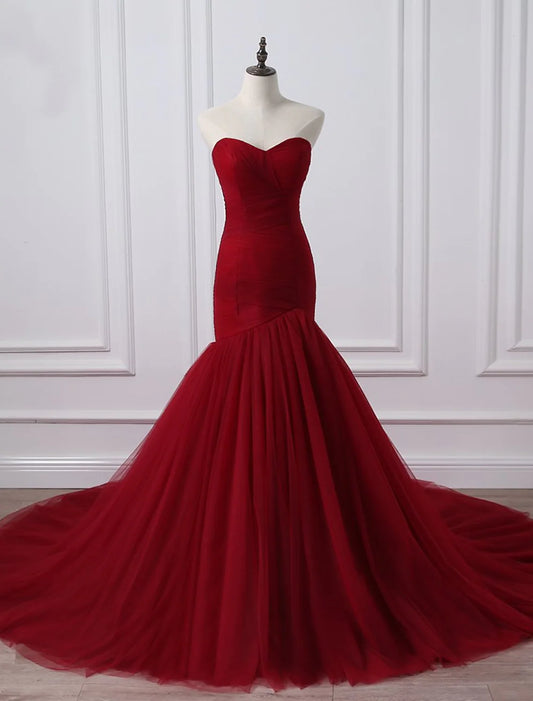 Elegant A-Line Strapless Ruched Tulle Plus Size Wedding Dress Chapel Train.
