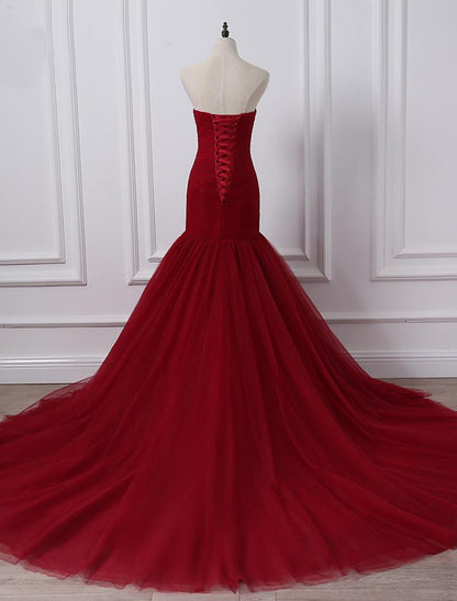 Elegant A-Line Strapless Ruched Tulle Plus Size Wedding Dress Chapel Train.