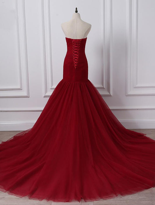 Elegant A-Line Strapless Ruched Tulle Plus Size Wedding Dress Chapel Train.