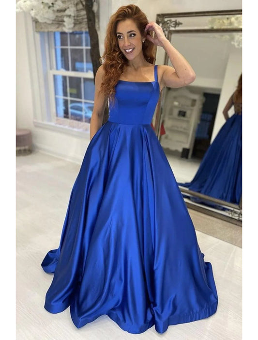 Elegant A-Line Strapless Satin Pleated Backless Sweep Train Prom Dress.