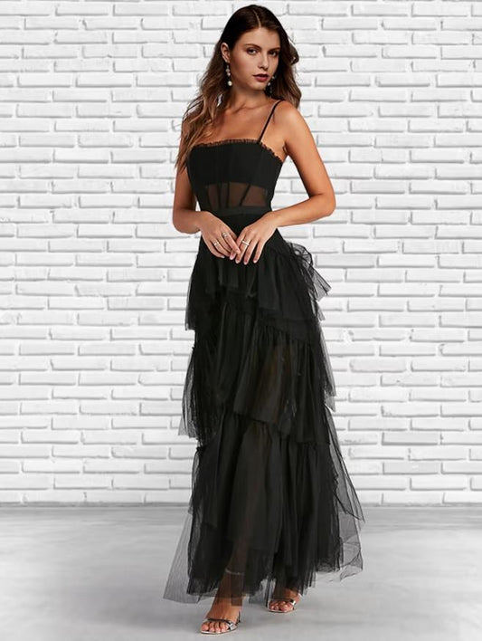 Elegant A-Line Strapless Tulle Ruffled White Ankle Prom Gown.