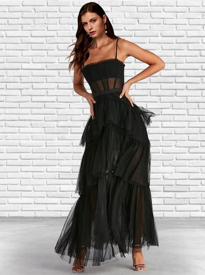 Elegant A-Line Strapless Tulle Ruffled White Ankle Prom Gown.