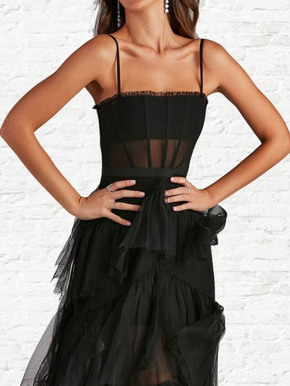 Elegant A-Line Strapless Tulle Ruffled White Ankle Prom Gown.