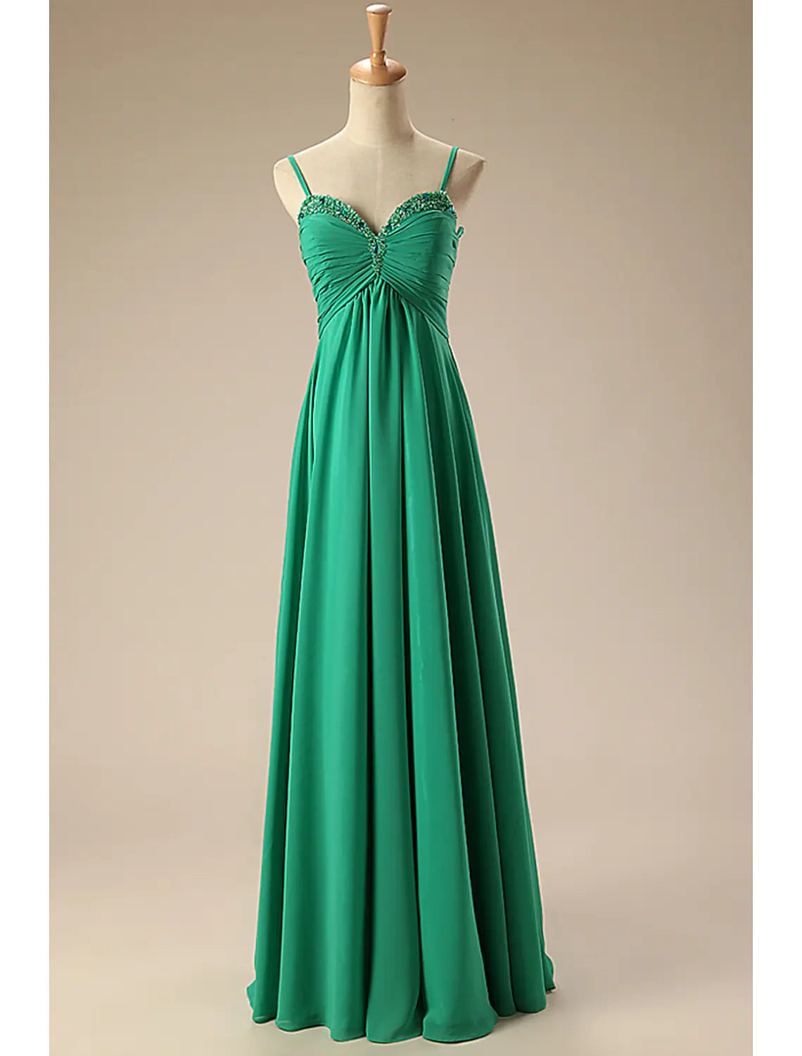 Elegant A-Line Sweetheart Chiffon Backless Beaded Floor Length Prom Dress, front view.