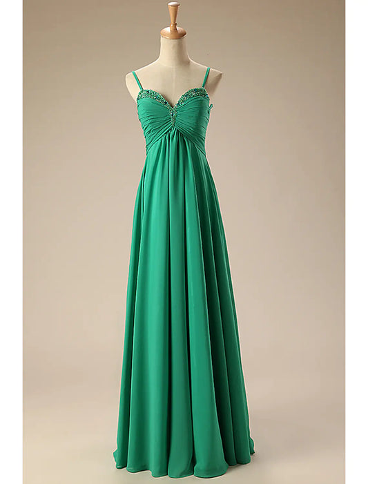 Elegant A-Line Sweetheart Chiffon Backless Beaded Floor Length Prom Dress, front view.