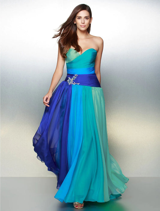 Elegant A-Line color block chiffon dress with sweetheart neckline, front view.
