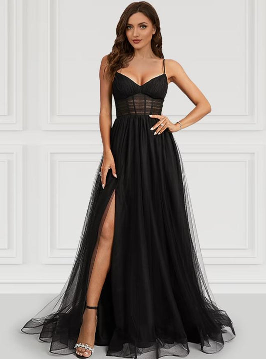 Elegant A-Line Sweetheart Corset Tulle Prom Dress with Slit Court Train.