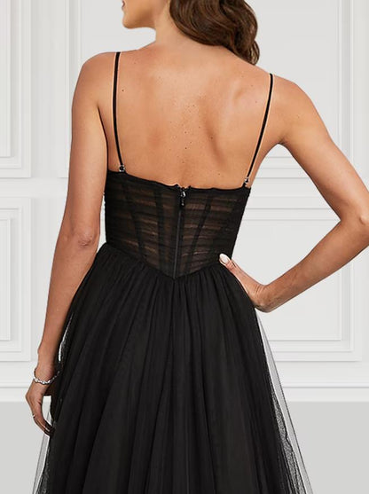 Elegant A-Line Sweetheart Corset Tulle Prom Dress with Slit Court Train.