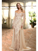 Elegant A-Line Sweetheart Long Sleeve Lace Evening Dress with Overskirt Train.
