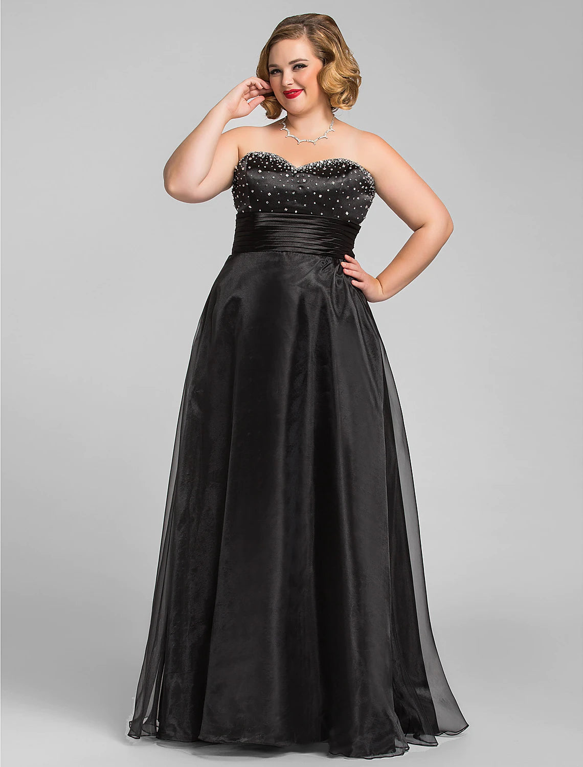 Elegant A-Line Sweetheart Ruched Beaded Black Floor Length Prom Dress.