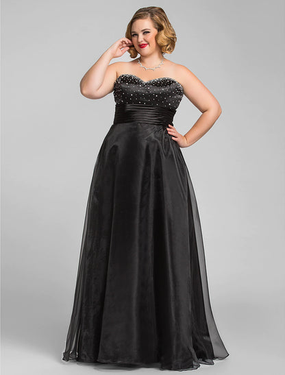 Elegant A-Line Sweetheart Ruched Beaded Black Floor Length Prom Dress.
