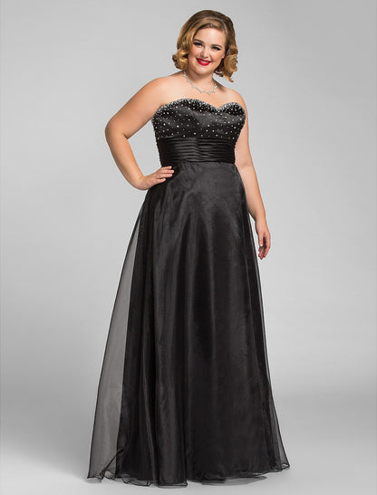 Elegant A-Line Sweetheart Ruched Beaded Black Floor Length Prom Dress.