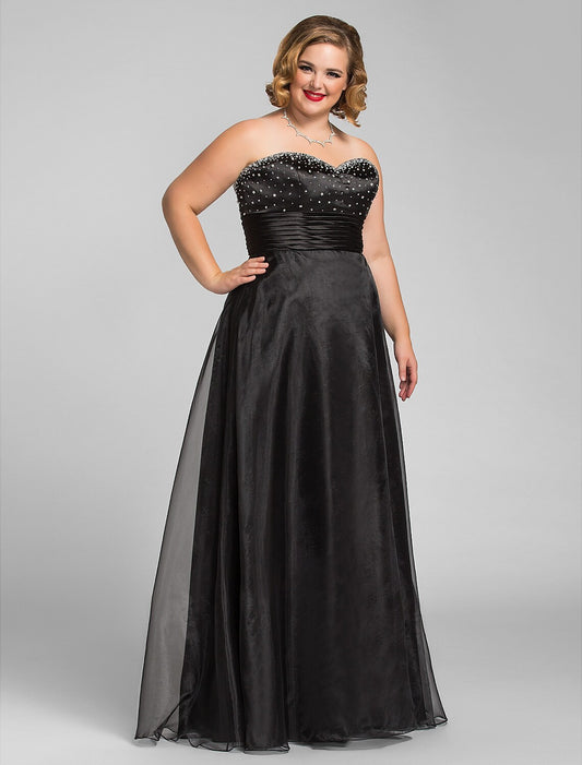 Elegant A-Line Sweetheart Ruched Beaded Black Floor Length Prom Dress.