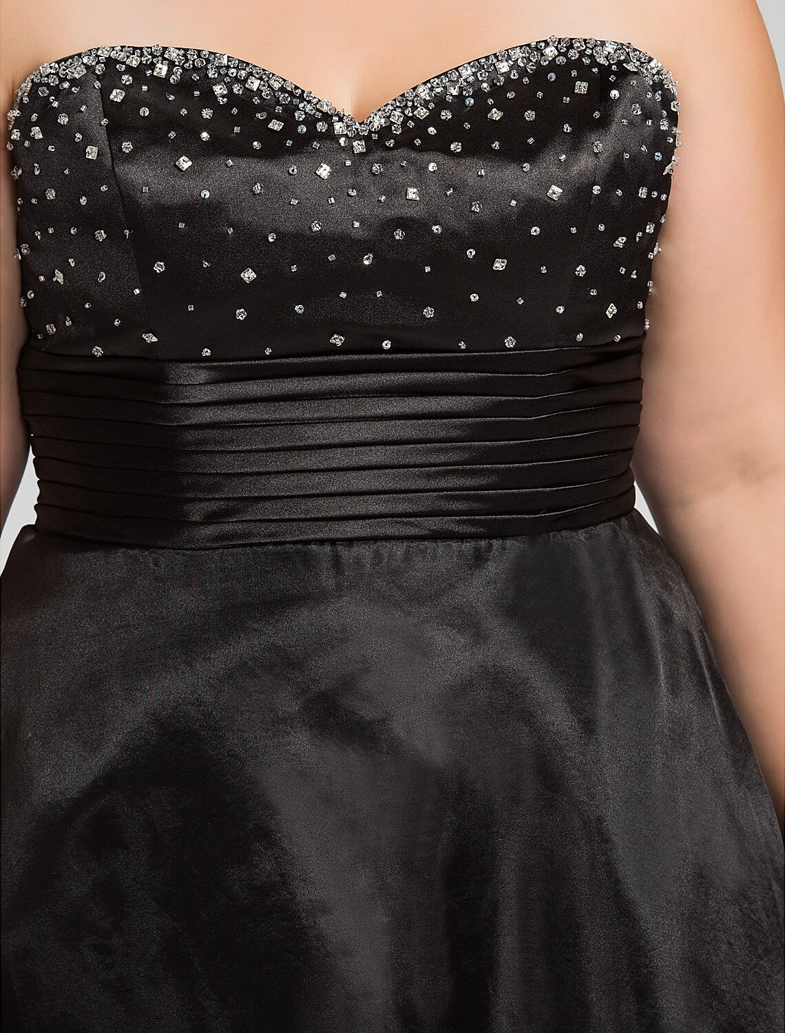 Elegant A-Line Sweetheart Ruched Beaded Black Floor Length Prom Dress.