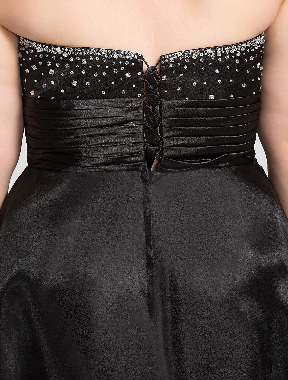 Elegant A-Line Sweetheart Ruched Beaded Black Floor Length Prom Dress.