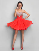 Elegant A-line mini dress with sweetheart neckline and crystal details.
