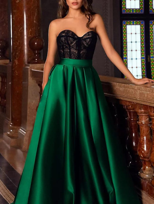 Elegant A-Line Sweetheart Satin Gown with Slit and Court Train.