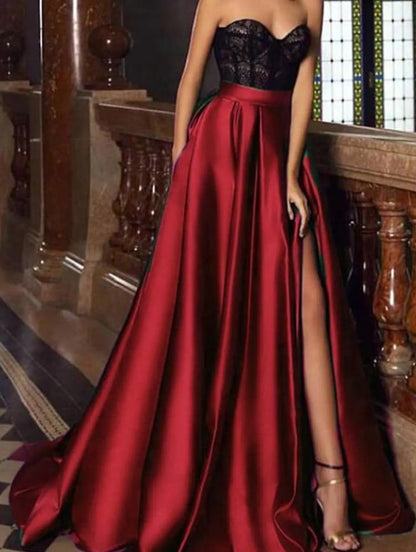 Elegant A-Line Sweetheart Satin Gown with Slit and Court Train.