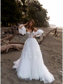 Elegant A-Line Sweetheart Short Sleeve Lace Boho Wedding Dress with Court Train.