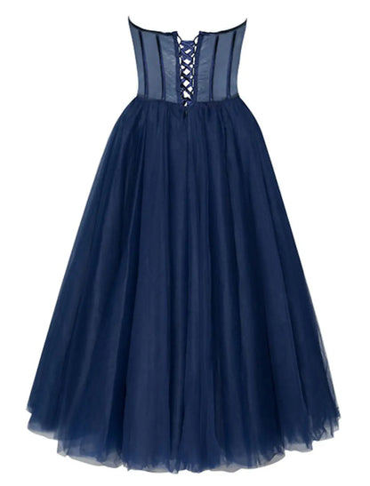 Elegant A-Line Sweetheart Tulle Tea Length Cocktail Dress with Pleats.