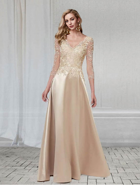 Elegant A-Line V-Neck 3/4 Sleeve Applique Chiffon Floor Length Evening Dress.