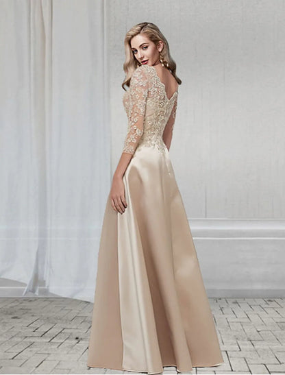 Elegant A-Line V-Neck 3/4 Sleeve Applique Chiffon Floor Length Evening Dress.