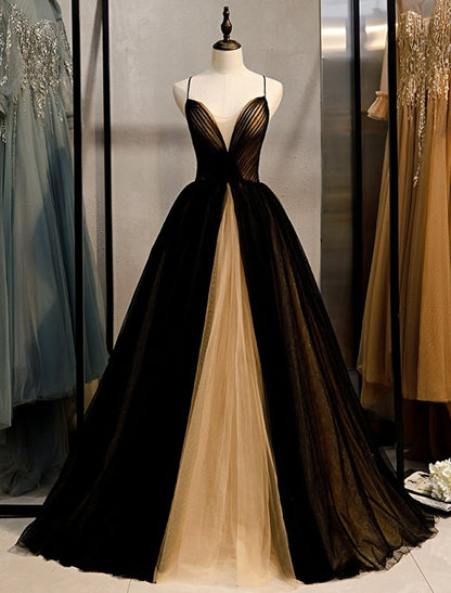 Elegant A-Line V-Neck Color Block Tulle Evening Gown, front view.