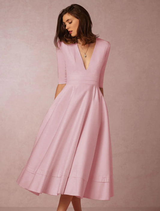 Elegant A-Line V-Neck Half Sleeve Pleated Pocket Tea Length Party Dress.