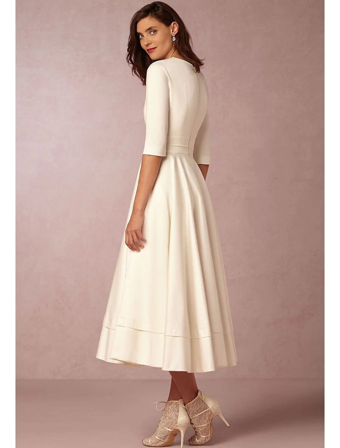 Elegant A-Line V-Neck Half Sleeve Pleated Pocket Tea Length Party Dress.