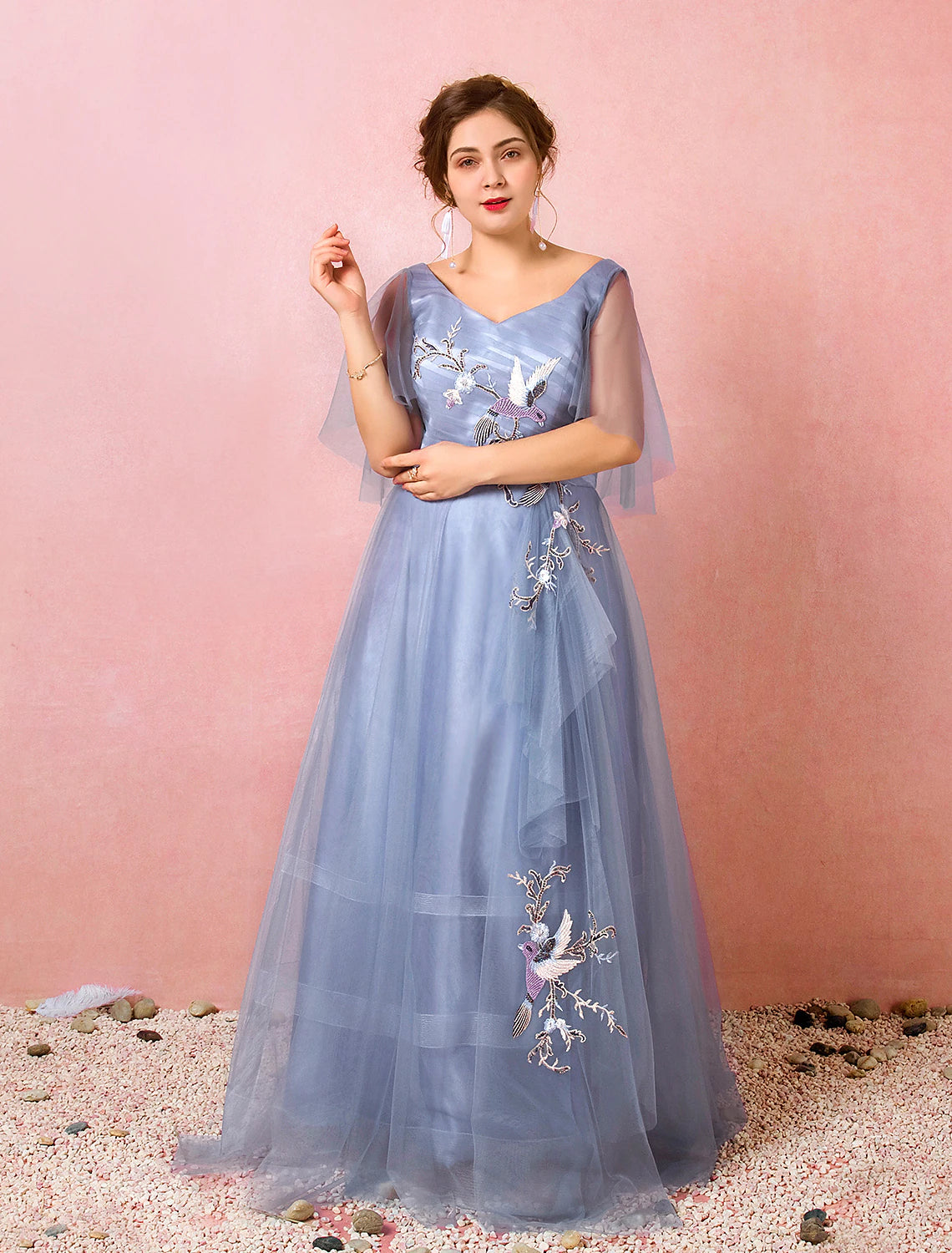 Elegant A-Line V-Neck Half Sleeve Ruched Floor Length Chinese Style Prom Dress.