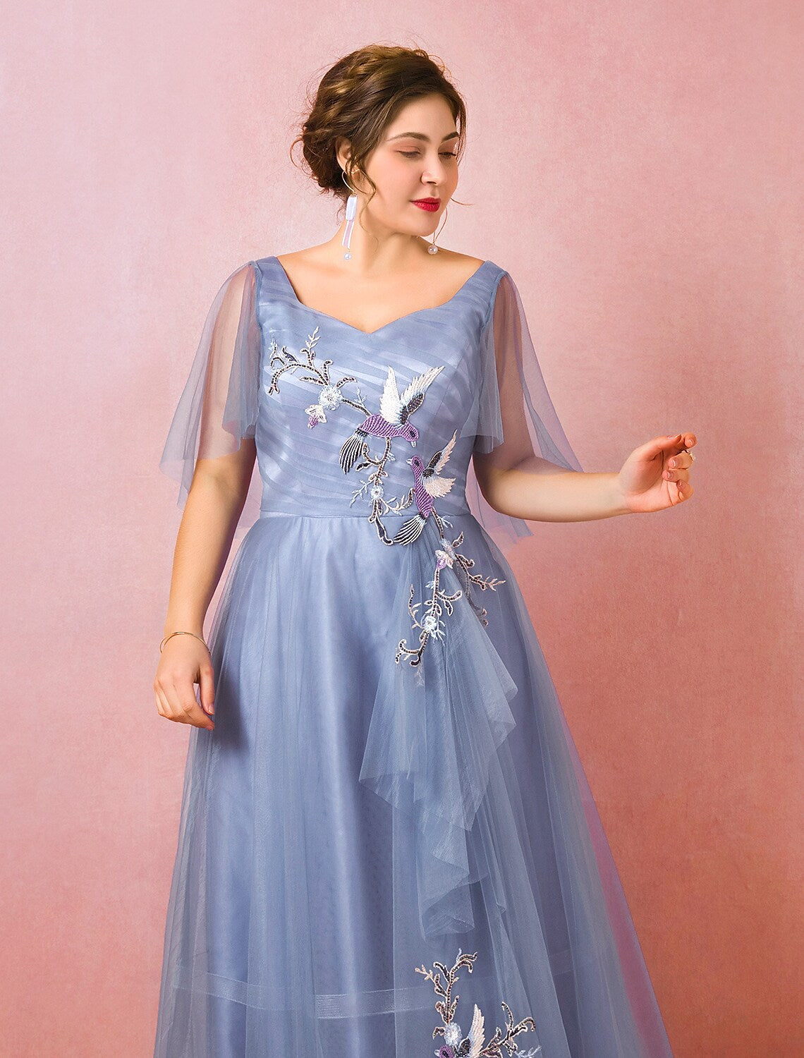 Elegant A-Line V-Neck Half Sleeve Ruched Floor Length Chinese Style Prom Dress.