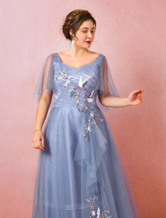 Elegant A-Line V-Neck Half Sleeve Ruched Floor Length Chinese Style Prom Dress.