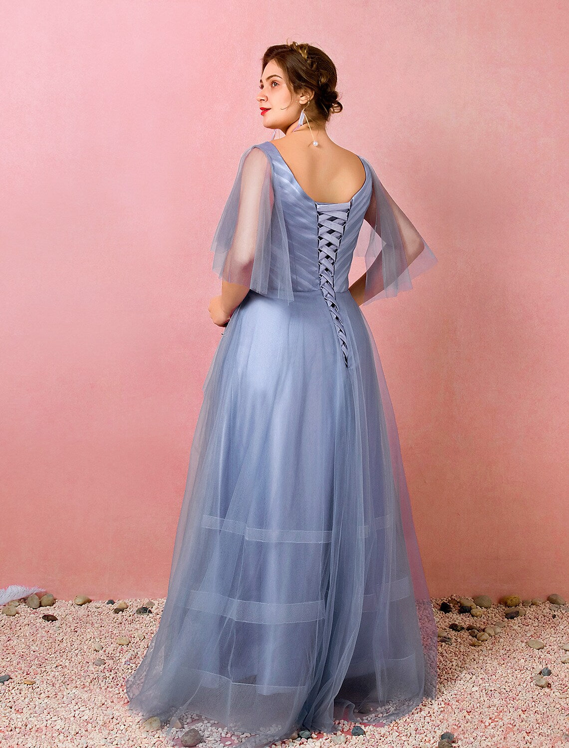 Elegant A-Line V-Neck Half Sleeve Ruched Floor Length Chinese Style Prom Dress.