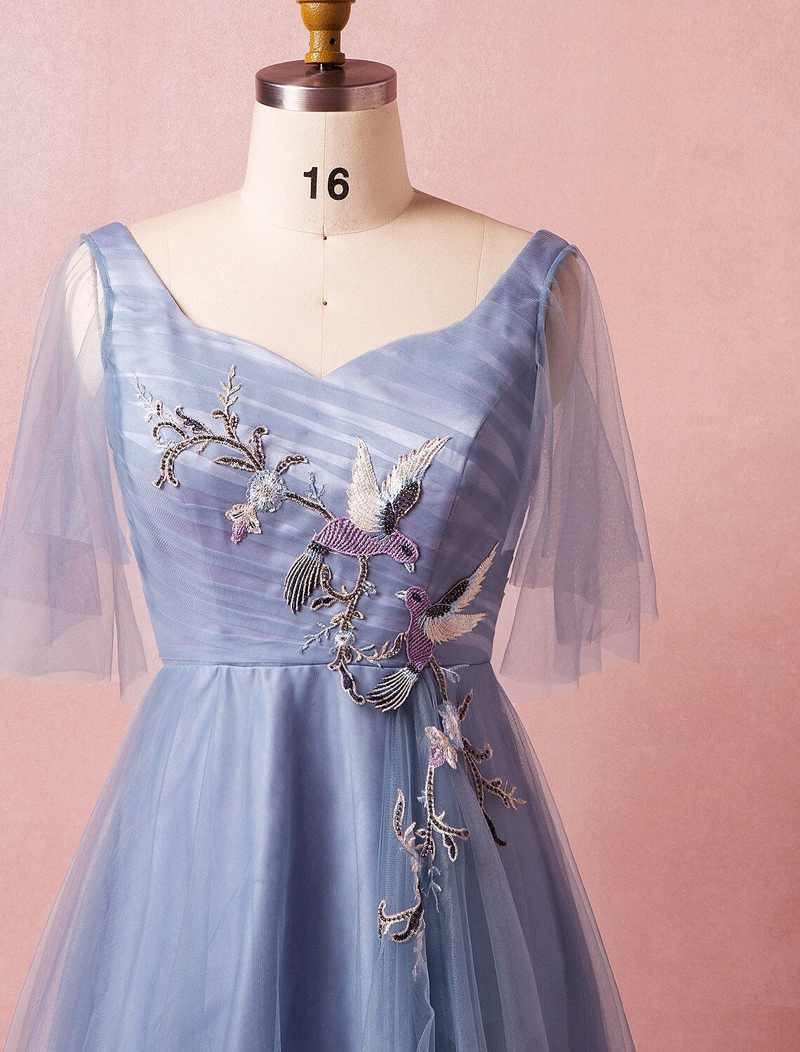 Elegant A-Line V-Neck Half Sleeve Ruched Floor Length Chinese Style Prom Dress.