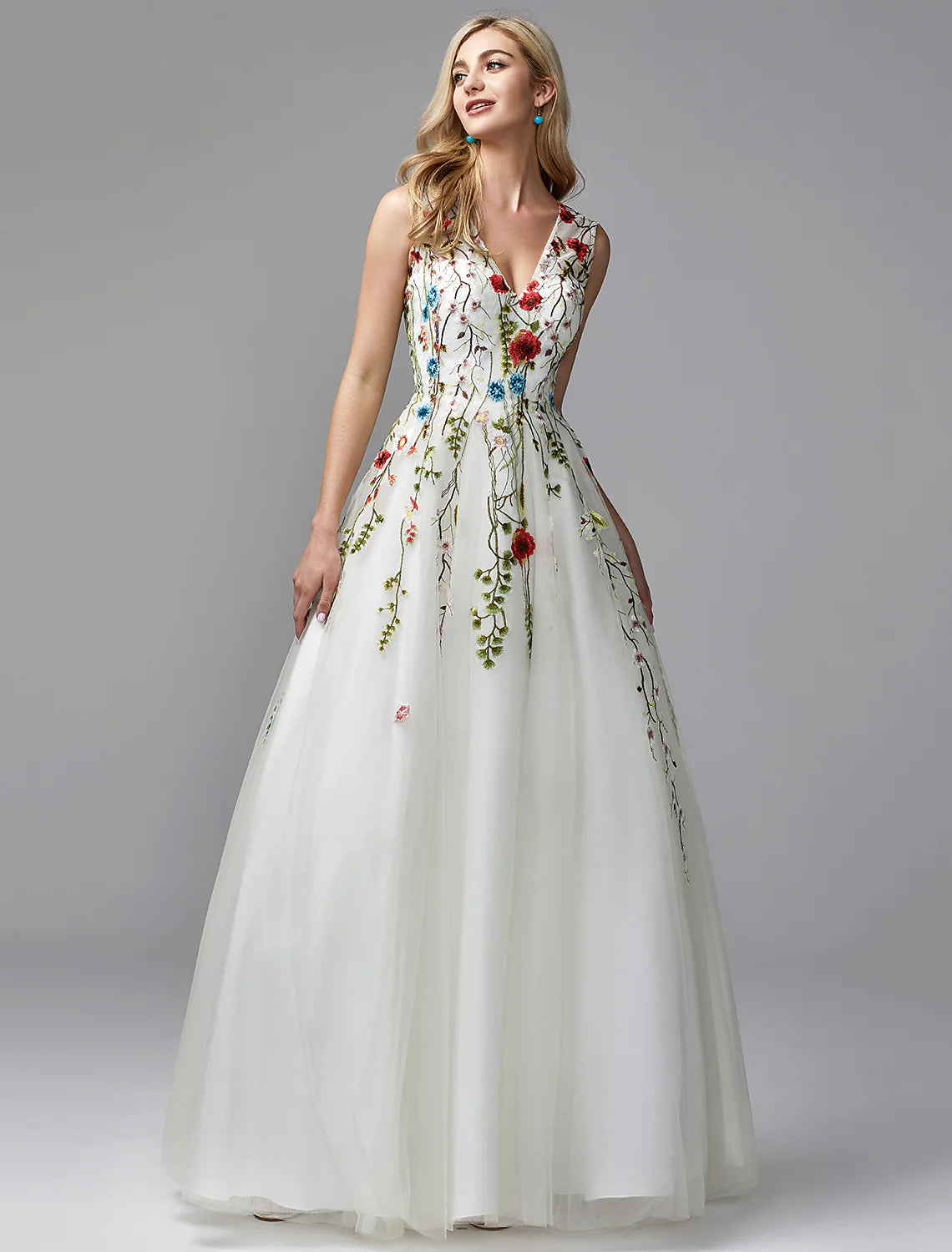 Elegant A-Line V-Neck Lace Embroidered White Floor Length Special Occasion Dress.