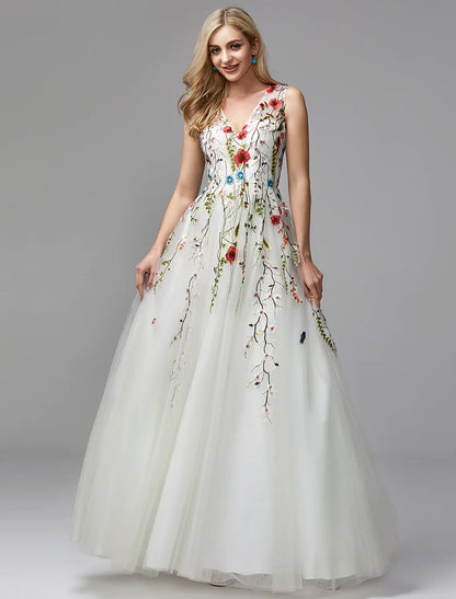 Elegant A-Line V-Neck Lace Embroidered White Floor Length Special Occasion Dress.