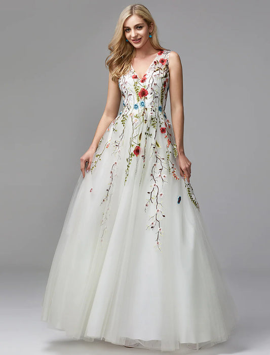Elegant A-Line V-Neck Lace Embroidered White Floor Length Special Occasion Dress.