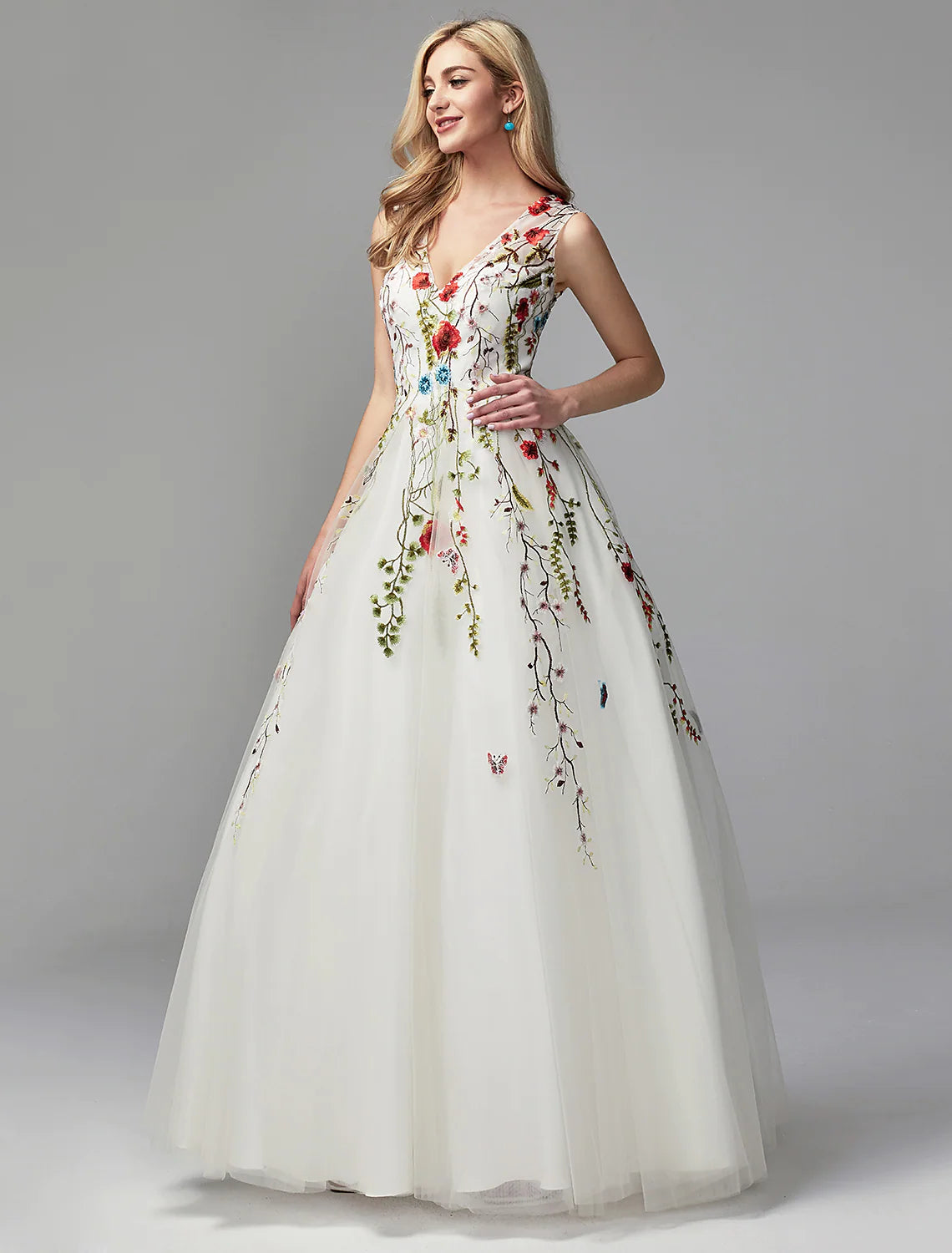 Elegant A-Line V-Neck Lace Embroidered White Floor Length Special Occasion Dress.
