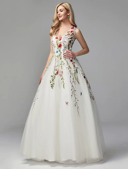 Elegant A-Line V-Neck Lace Embroidered White Floor Length Special Occasion Dress.