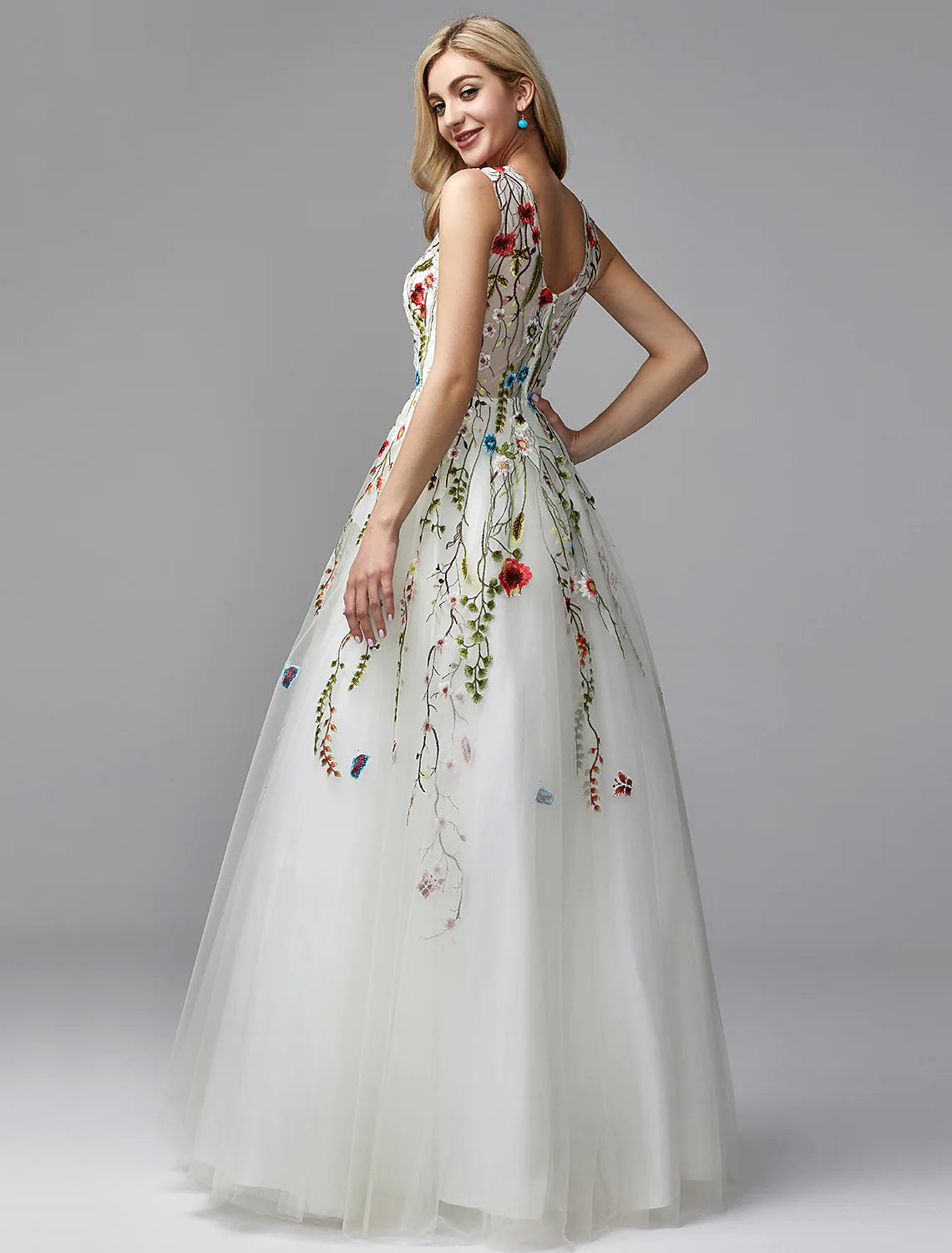 Elegant A-Line V-Neck Lace Embroidered White Floor Length Special Occasion Dress.