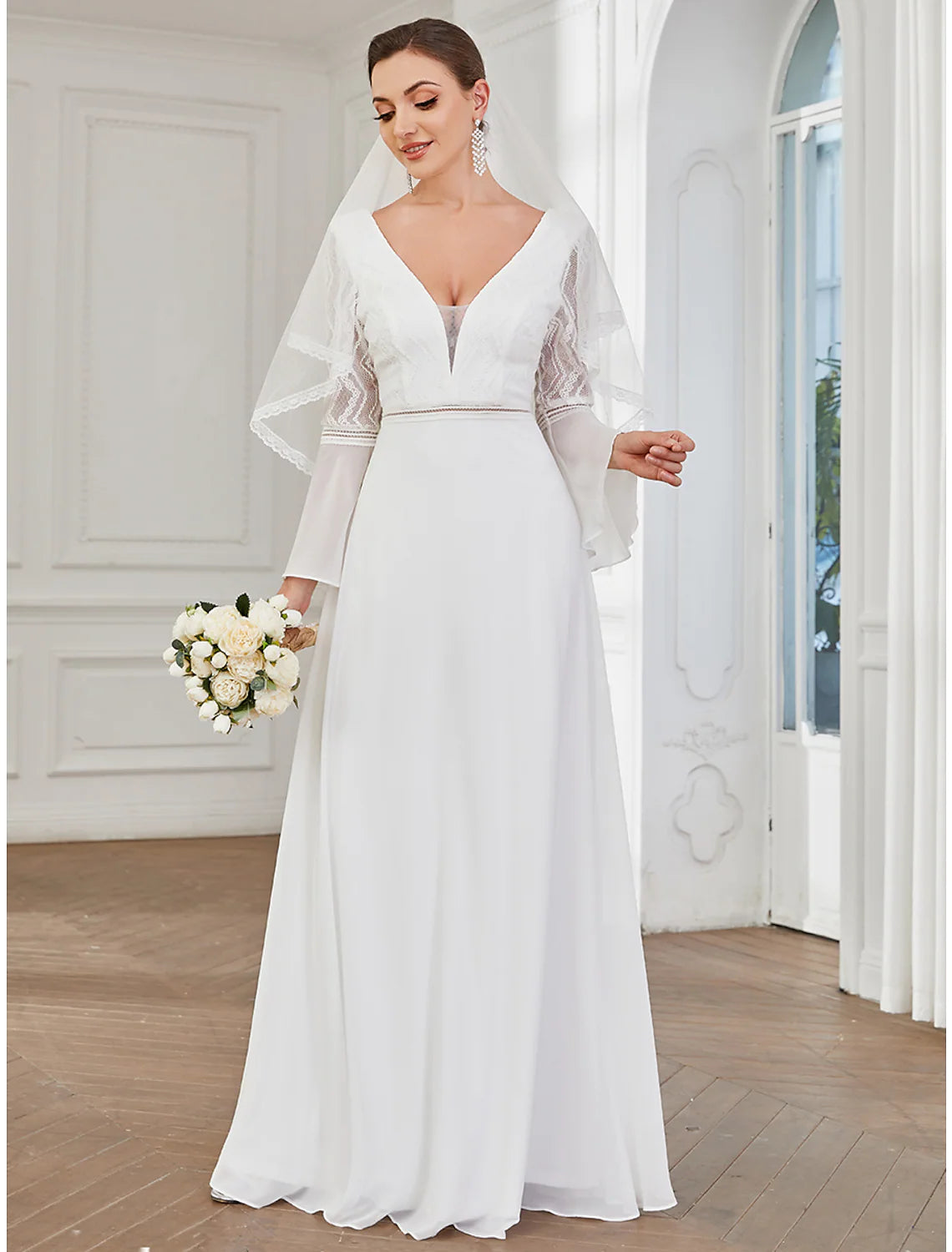 Elegant A-Line V-Neck Long Sleeve Boho Chiffon Lace Wedding Dress.