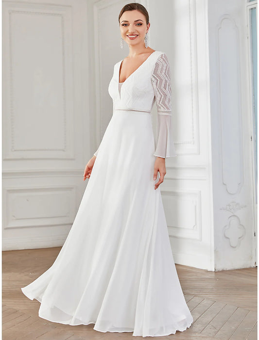 Elegant A-Line V-Neck Long Sleeve Boho Chiffon Lace Wedding Dress.