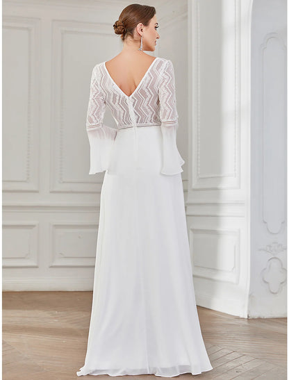Elegant A-Line V-Neck Long Sleeve Boho Chiffon Lace Wedding Dress.