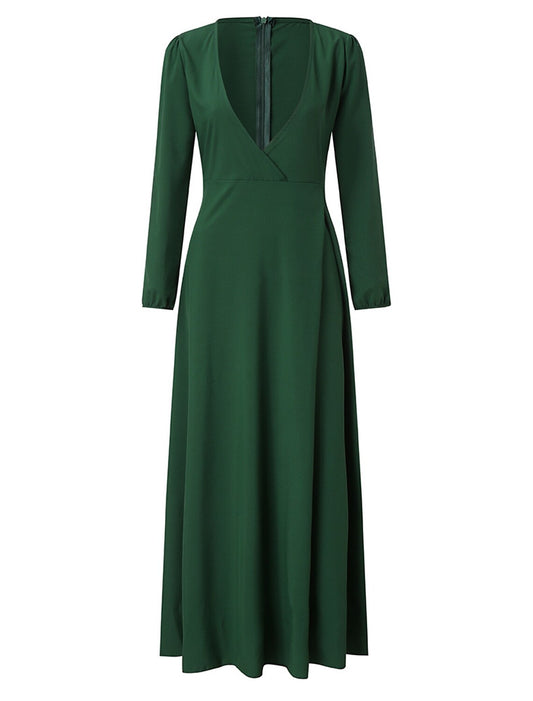 Elegant A-Line V-Neck Long Sleeve Chiffon Formal Wedding Guest Gown.