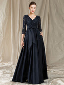 Elegant A-Line V-Neck Long Sleeve Lace Bow Evening Dress for Engagement.