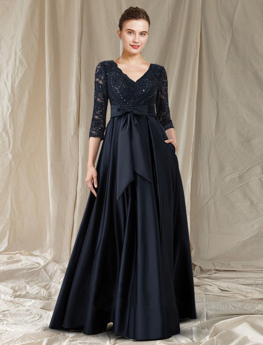Elegant A-Line V-Neck Long Sleeve Lace Bow Evening Dress for Engagement.