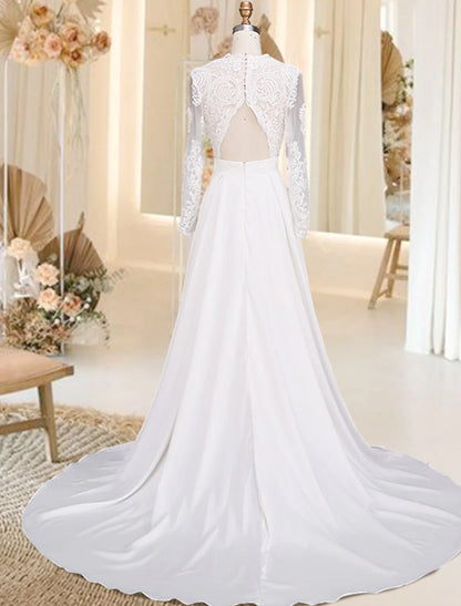 Back view of A-Line satin wedding dress, featuring open back and court train.